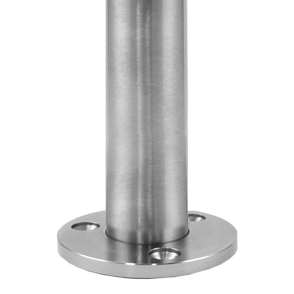 Stainless steel balustrade end post, 110cm high, featuring a sleek, polished finish and a sturdy circular base with mounting holes