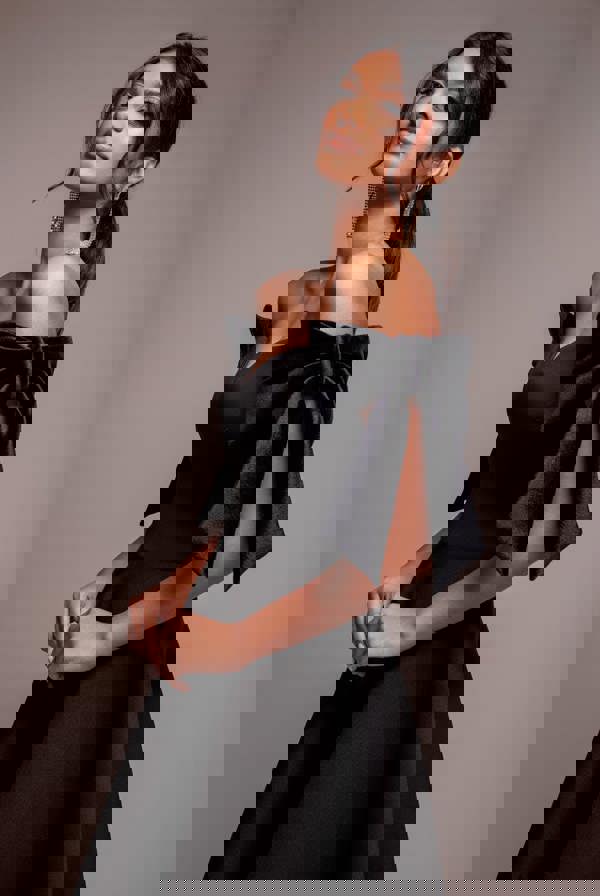 Scuba Off The Shoulder Velvet Bow Skater Midi Dress - Black DR4935