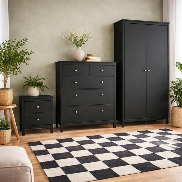 Wyld Haus Gossmere Matt Black Bedroom Set - Bedside Table + Chest of Drawers + Wardrobe 2 Doors