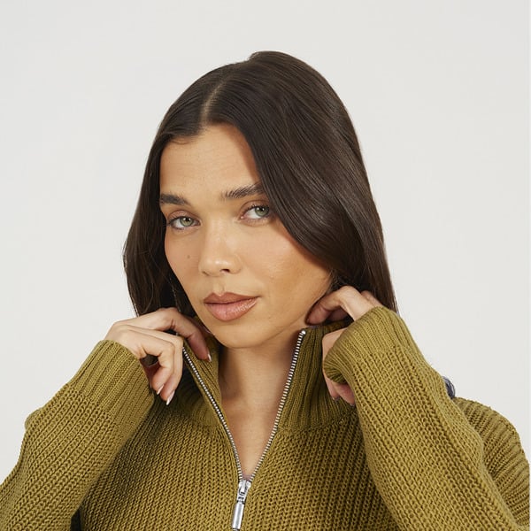 Brave Soul Half Zip Funnel Neck Fisherman Knit Jumper - Olive
