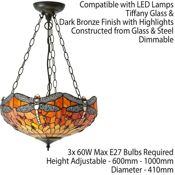 Tiffany Glass Hanging Ceiling Pendant Light Orange Dragonfly 3 Lamp Shade i00111 Loops