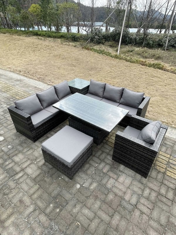 Fimous 8 Seater PE Rattan Corner Sofa Set Rising Adjustable Dining Table Set High Side Coffee Table With Arm Chair Big Footstool