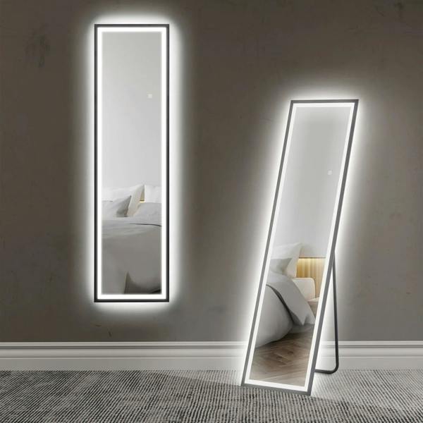 Black full-length mirror with bright edge LED lights, rectangular frame