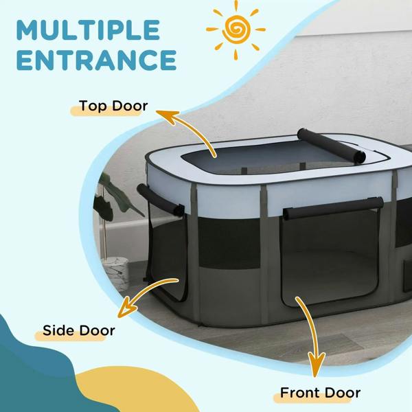 Grey dog playpen with top, side, and front zip doors for easy access