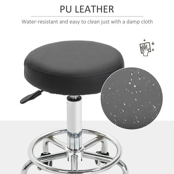 Black PU-style round padded stool seat with chrome base and caster wheels