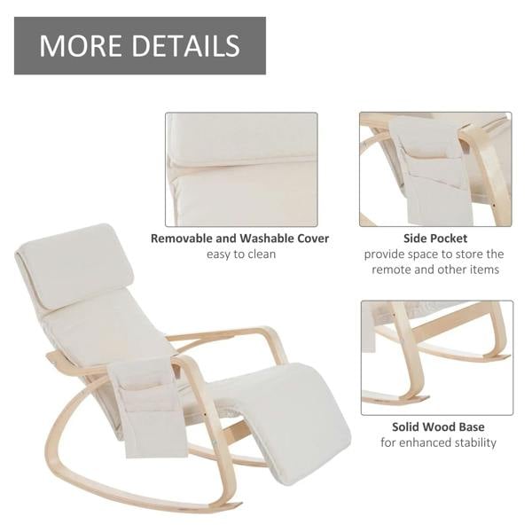 Cream white rocking lounge chair recliner with removable, washable cover and side pocket