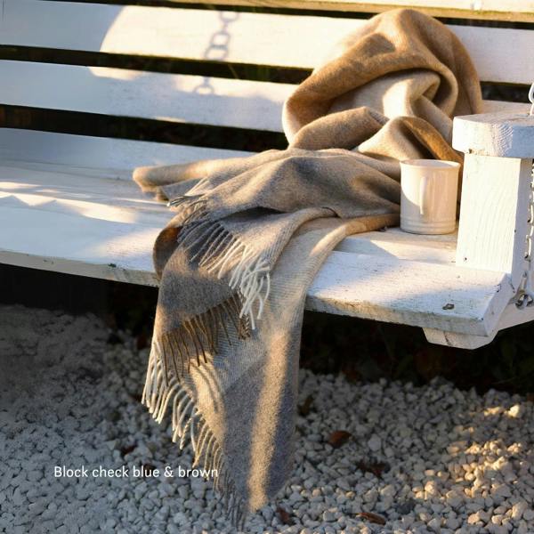 British Lambs Wool Blanket - brown and blue check pattern
