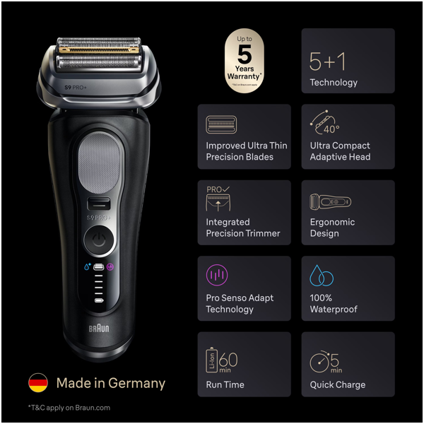 Braun Series 9 PRO+ 9670CC Electric Shaver, Pro SensoAdapt, SmartCare Center - Black