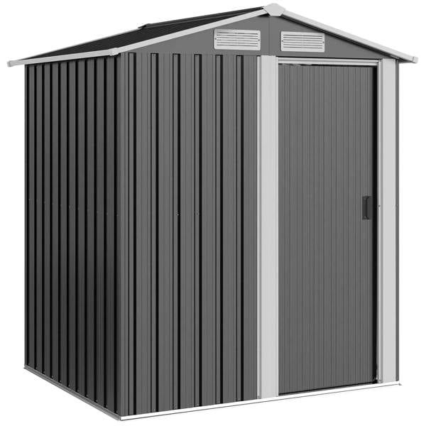 Grey metal storage shed with sliding door and sloped roof, shown from front angle