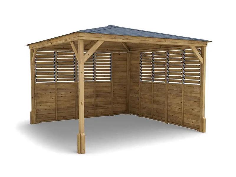 Dunster House Wooden Gazebo Kit Louvre Wall 3m x 3m Pressure Treated Garden Shelter Roof Shingles Utopia