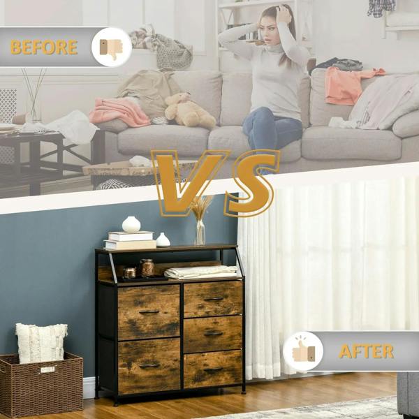 Rustic brown industrial chest of drawers with open shelf and five drawers in living room