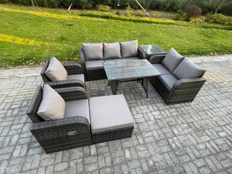 Fimous 8 Seater High Back PE Rattan Outdoor Dining Set - Reclining Chair, 3-Seater Sofa, Loveseat & Side Table