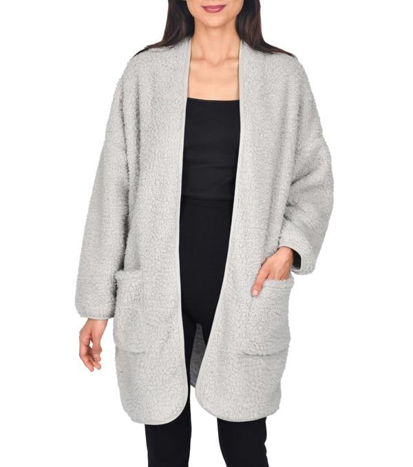 Smart Living Women's Borg Bathrobe with Ribbed Placket - Grey