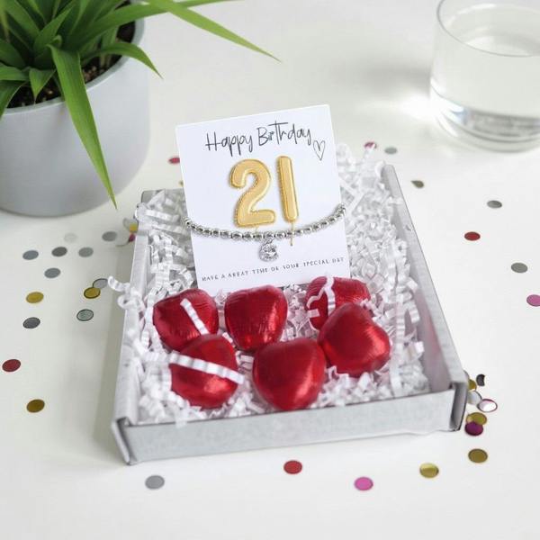 Aye Do Gifts 21st Birthday Gift Box, Cubic Zirconia Bracelet & Chocolate Hearts