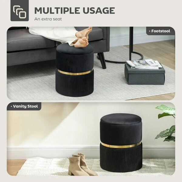 Velvet-Feel Storage Ottoman - Black