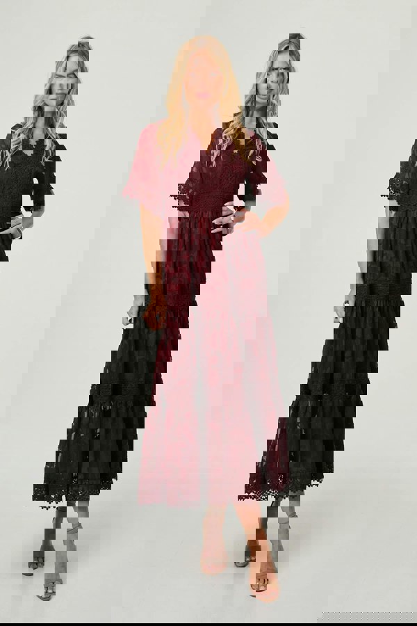 Red | Floral Lace Frill 1/2 Sleeve Midi Dress
