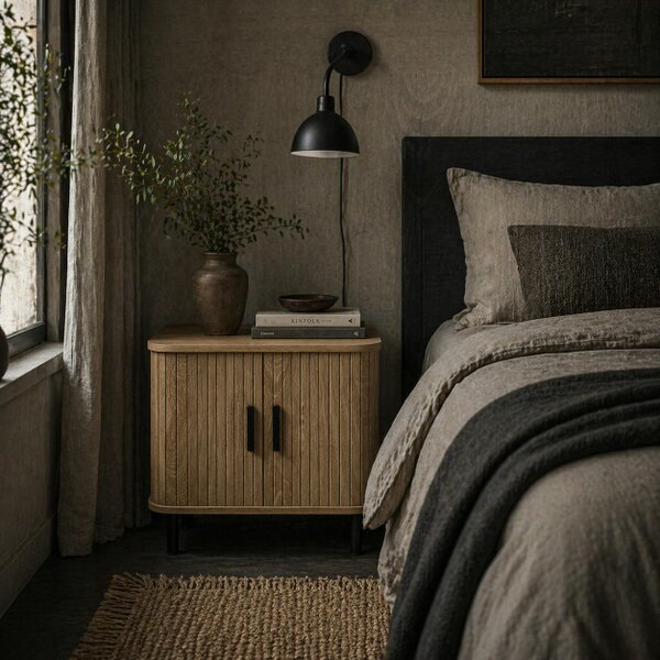 Wyld Haus Ritava Natural Oak Tambour Bedside Table 2 Sliding Doors Black Metal Legs
