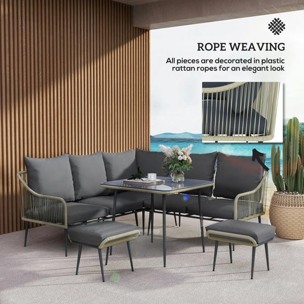 Wyld Haus Vika Natural Rattan Grey 7 Seater Garden Sofa Set with Coffee Table and 2 Stools