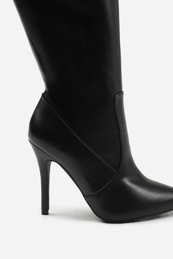 Where's That From Zoya Wide Calf High Heel Boot in Wide E Fit in Black Faux Leather