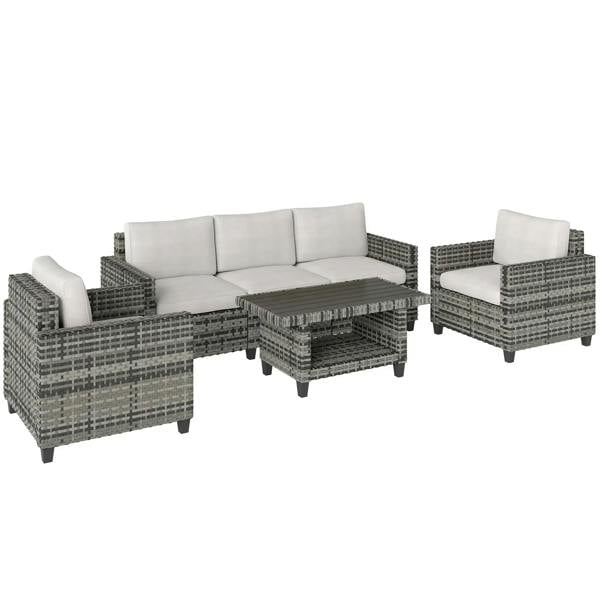 Light grey rattan modular sofa set with cushions and ottoman coffee table