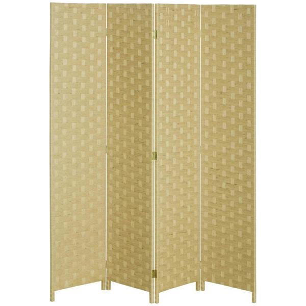 Brown 4-panel folding privacy screen divider with woven fibre panels and slim wood frame