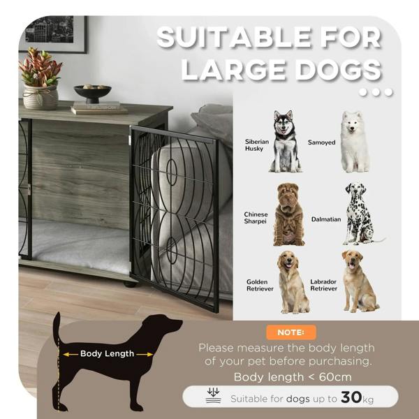 Grey dog crate end table with open front doors, styled as a side storage table