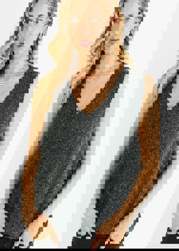 Gini London Grey Sequin Sparkle V Neck Vest Knit Jumper