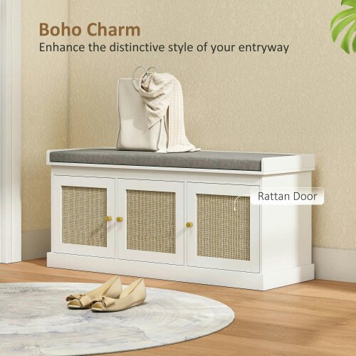 Wyld Haus Wooden White Shoe Bench With 3 Woven Rattan Doors And Grey Padded Seat