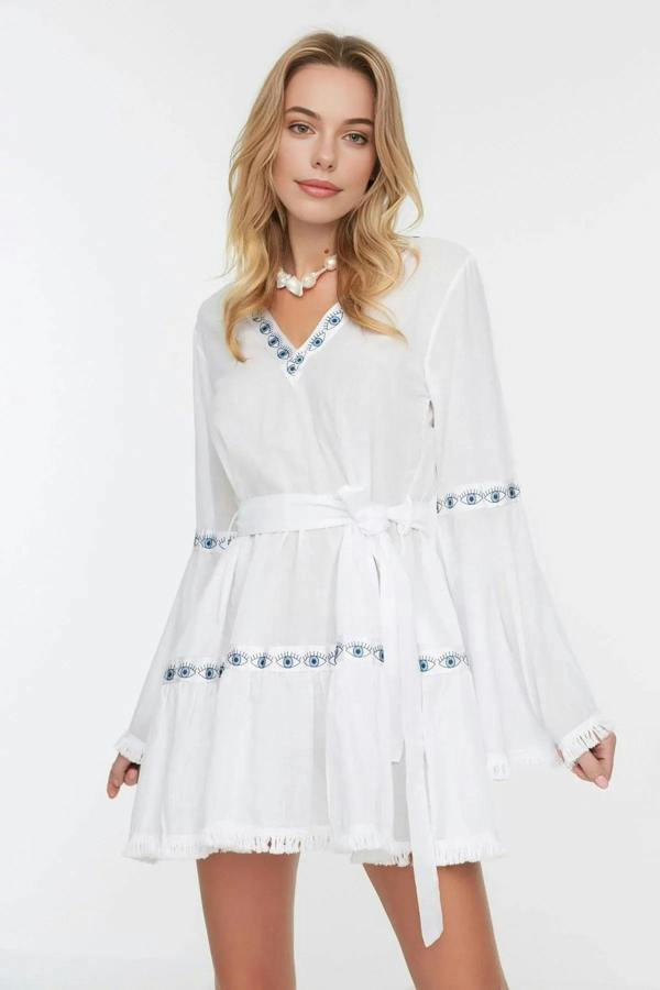 WOVCOR 100% Cotton White Woven Striped Mini Beach Dress