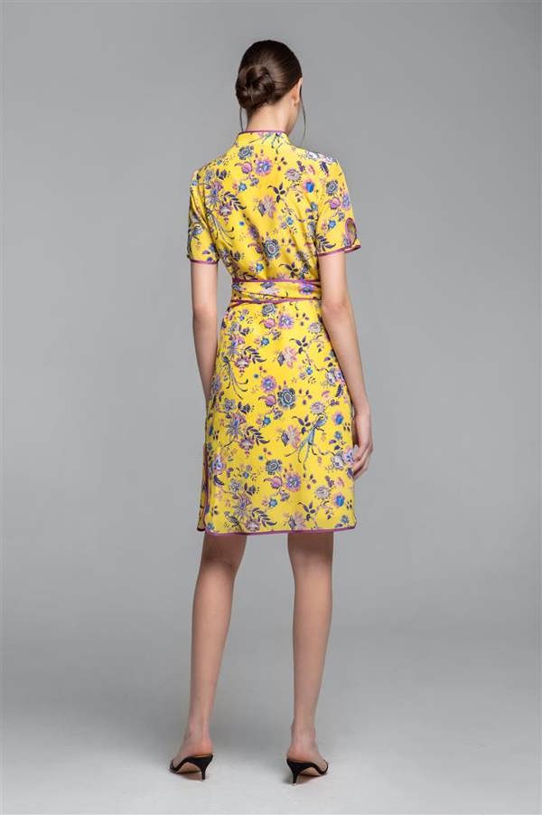 Rumour London Akiko kimono-style silk wrap dress with oriental print in yellow