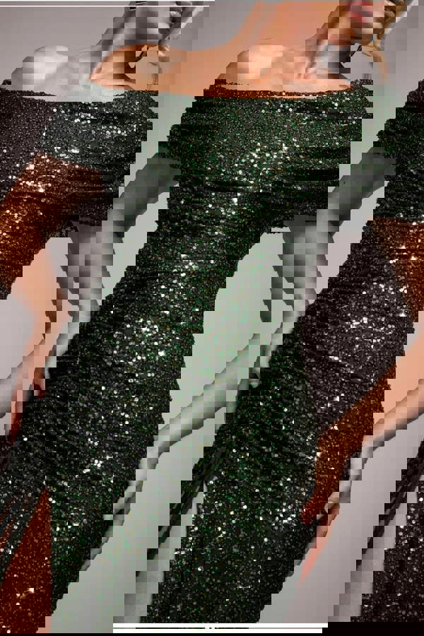 Off The Shoulder Sequin Cowl Drawstring Maxi Dress - Olive Green DR4824