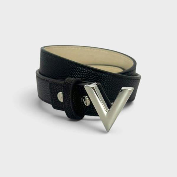 Supplied Fashion Mario Valentino Divina black leather belt with a silver V logo buckle and textured finish.