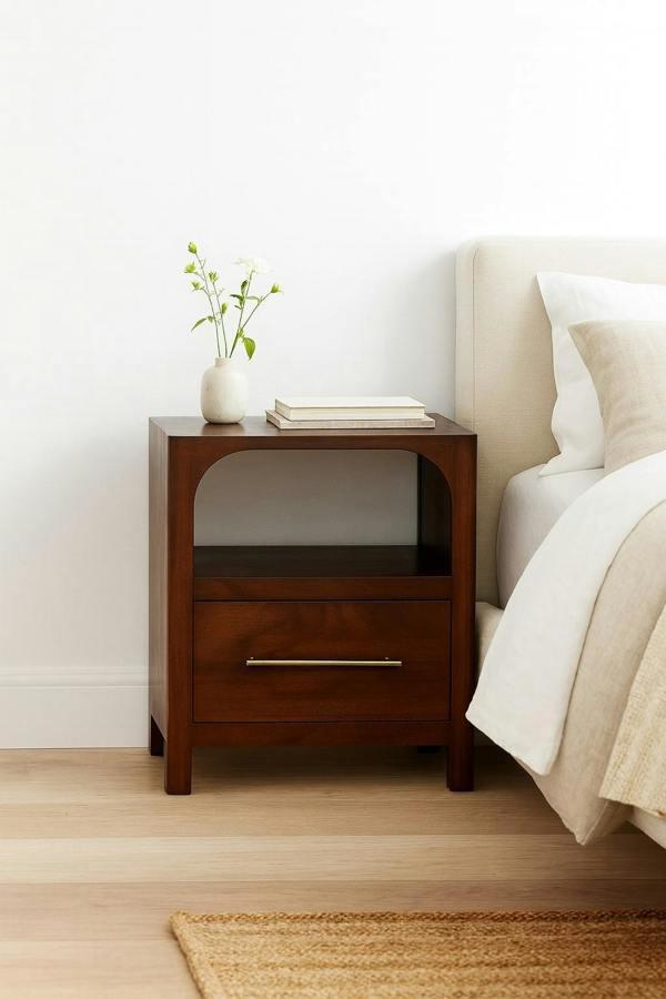 Artisan Furniture Solid Wood Arched Edge 1 Drawer Bedside, 1 Open Slot, Brown