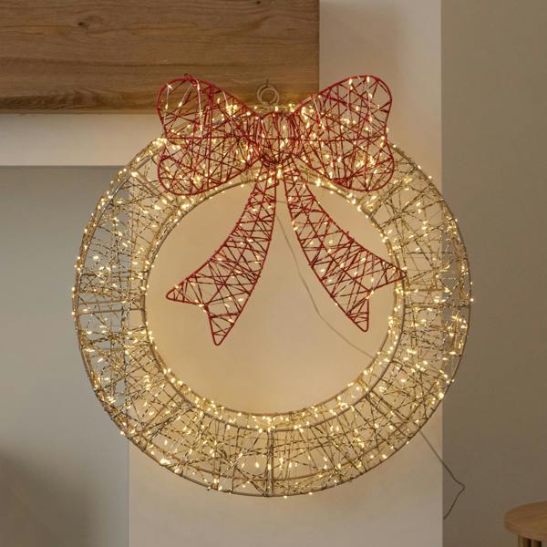 Samuel Alexander 50cm Gold Light Up Christmas Wreath with 600 Warm White LEDs, Timer & Red Bow