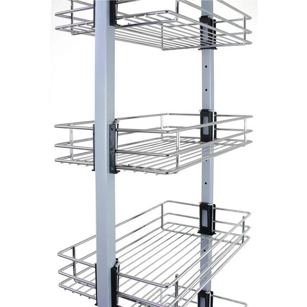 KuKoo pull-out soft close kitchen larder with three chrome wire baskets and a sturdy metal frame, ideal for organized storage