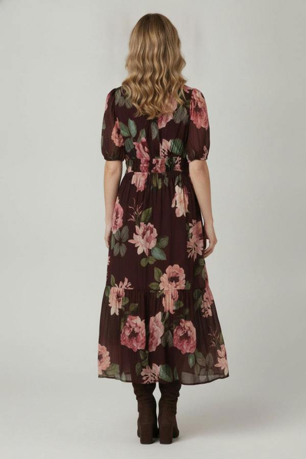 Izabel London Floral Layer 1/2 Puff Sleeve Maxi Dress