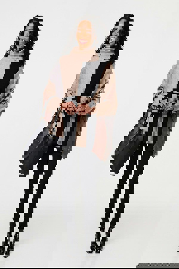 Beige | Colour Block Roll Neck Knitted Poncho
