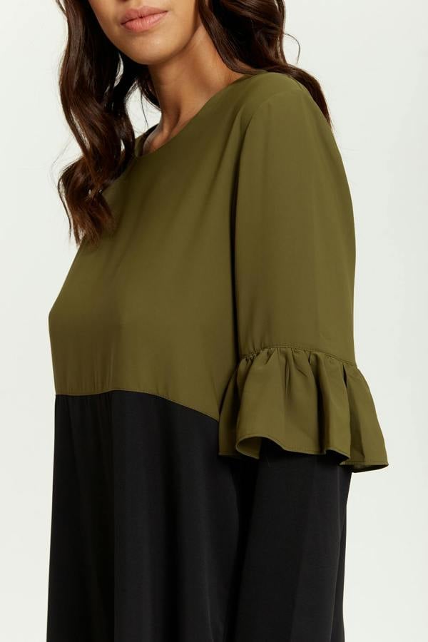 Hoxton Gal Colour Block Satin Tunic with Frill Detailed on Sleeve in Khaki and Black