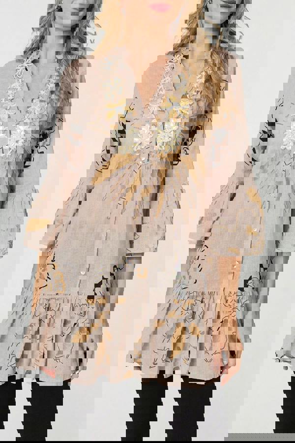 Pink | Floral Lace 3/4 Sleeve Frill Short Dress