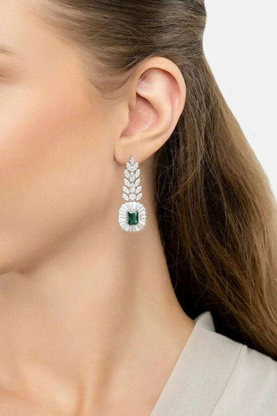 Latelita Countess Gemstone Drop Earrings Emerald Silver