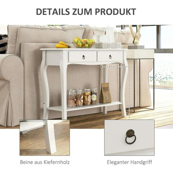 Ivory white console table with two drawers and open shelf, decorative drawer pulls