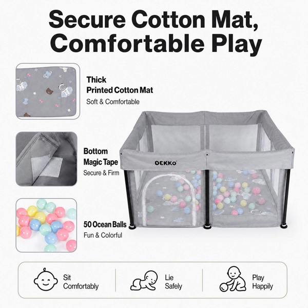 Dekko Baby Playpen Foldable Playpen With Mat 50 Balls Easy Setup Indoor Grey