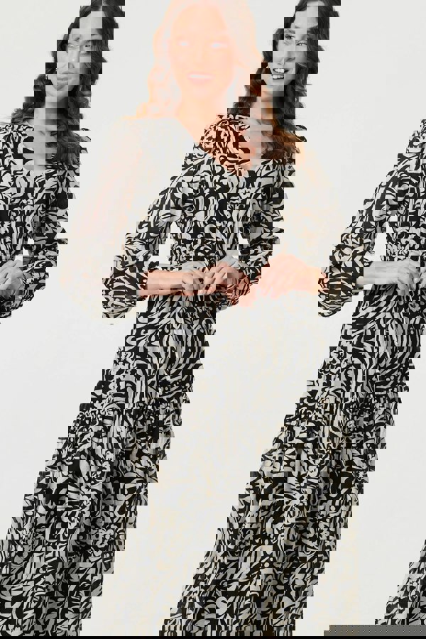 Black | Printed Layered Long Sleeve Maxi Dress
