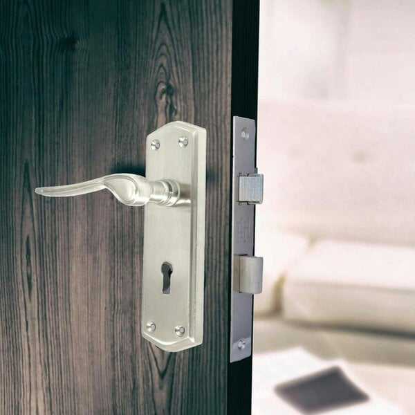 EDH Door Hardware Premium Satin Nickel Internal Lock Handles with Long Back Plate and 3 Lever Mortise Sash Lock - Stellar Design, 4 Pairs