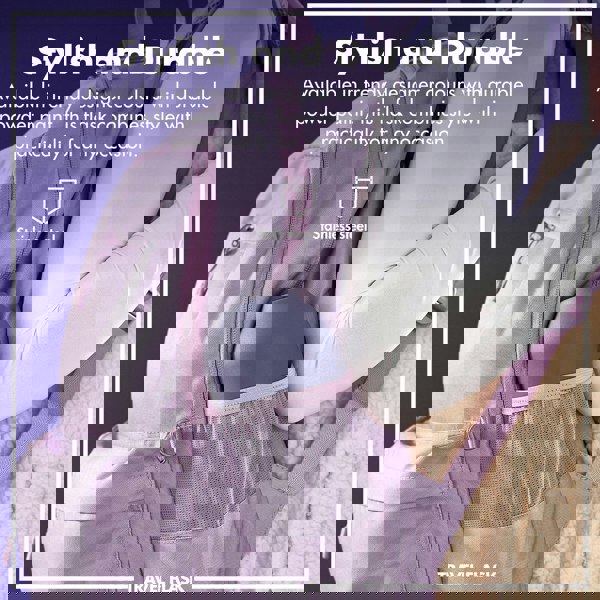 A stainless steel flask is tucked into a lavender backpack's side pocket held by a person in a cozy jacket Stylish and Durable Available in trendy designer colours with durable powder paint this flask combines style with practicality for any occasion TRAVEL FLASK