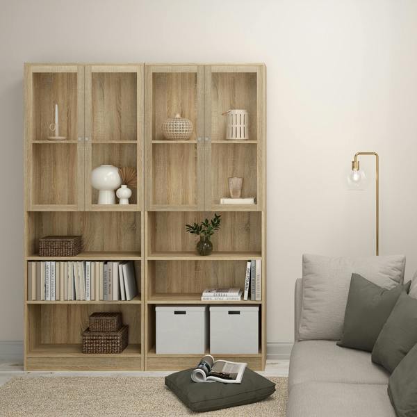 Furniture To Go Basic Tall Wide Display Cabinet in Oak (4 Shelves) with 2 Glass Oak Doors