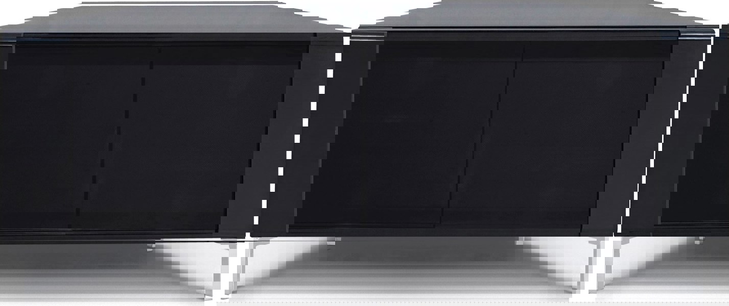 MDA Designs CORVUS Corner-Friendly Gloss Black Contemporary Cabinet with BeamThru Glass Doors Modern Space-Saving Stand for Flat Screen TVs up to 50"