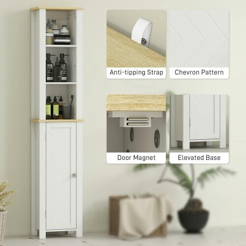 Wyld Haus Nifael Slim Bathroom Storage Cabinet With OFauxn Compartment And Adjustable Shelves White 34 x 23 x 165 cm