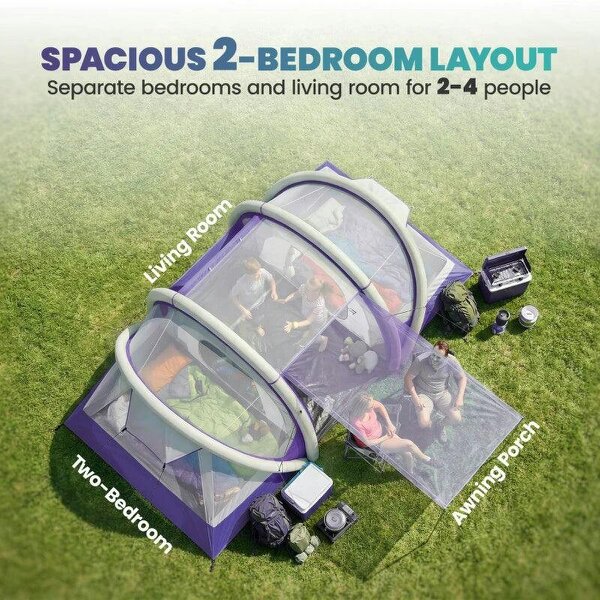 Inflatable Tent 2 Bedroom Tunnel Design Windproof Air Tent with Carry Bag for 4 Person