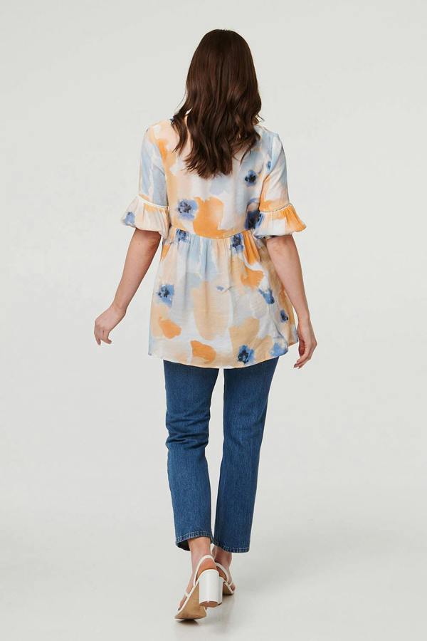 Blue | Printed 1/2 Sleeve Ruched Relaxed Blouse